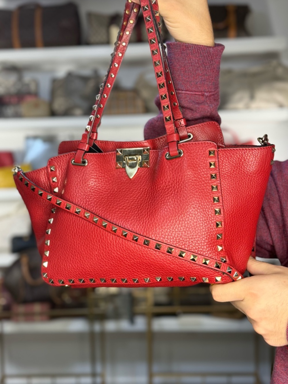 Valentino Garavani Red Leather Rockstud Shoulder Bag